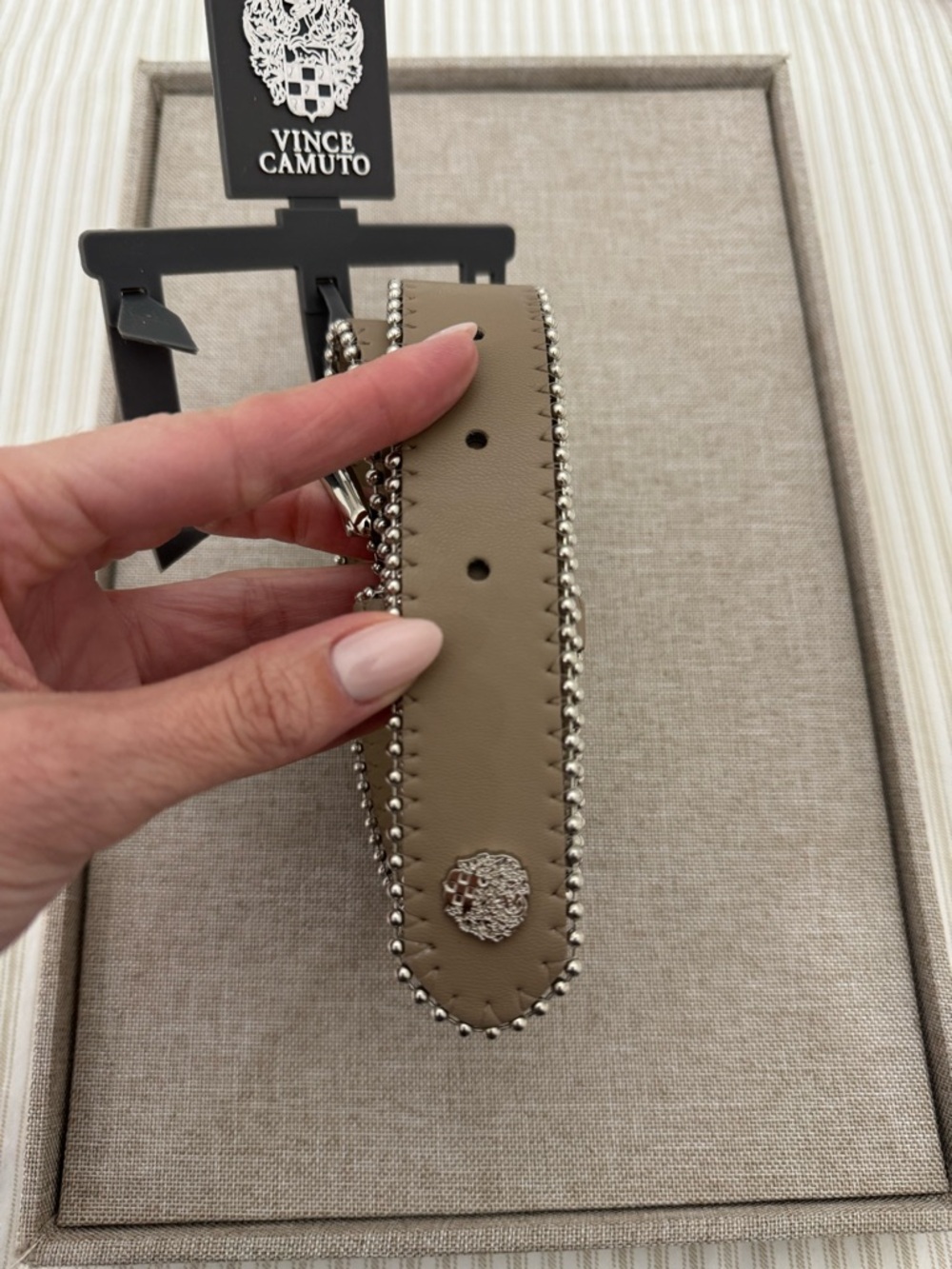Women New Vince Camuto Taupe  Belt with Silver Beaded Edge